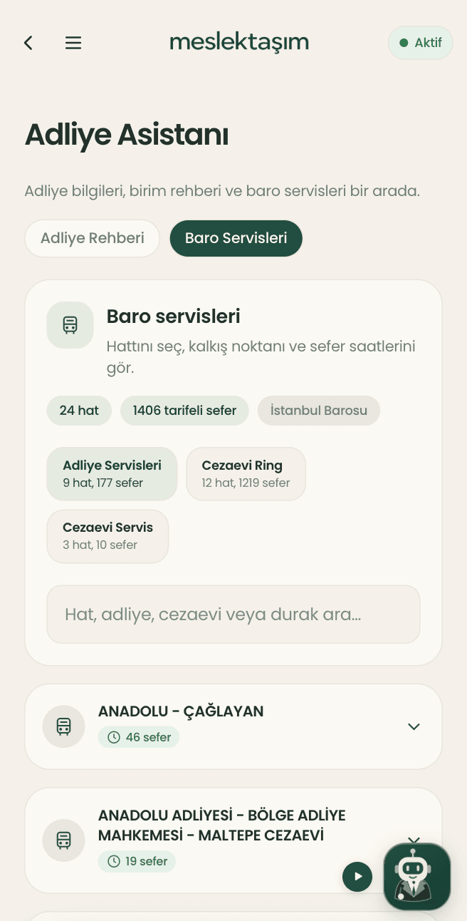 Meslektaşım uygulamasında Baro Servisleri ekranı: servis türleri, hat arama ve hat listesi